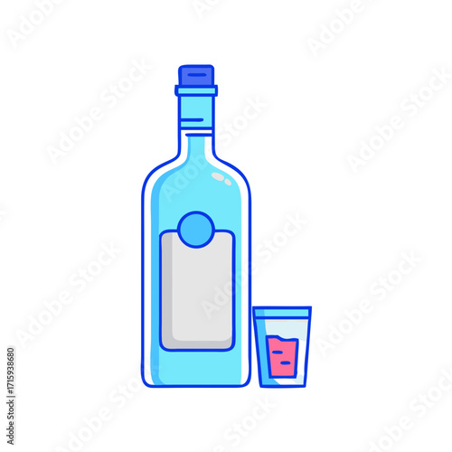Stylized Light Blue Liquor Bottle with Blank Label and Shot Glass