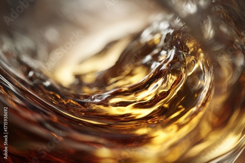 Swirling Whiskey: A macro view of amber liquid, creating a mesmerizing vortex and a tactile sense of movement and dynamism.
