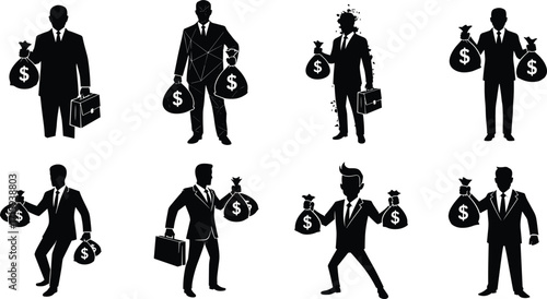 Businessman silhouette, holding money bag, financial success, wealth symbol, corporate attire, briefcase, confident pose, black illustration, economy, white background