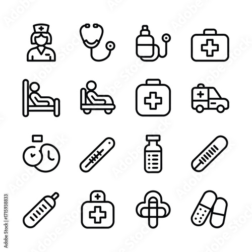 Set of 16 scalable vector medical and healthcare icons for eps graphics silhouette vector illustration white background