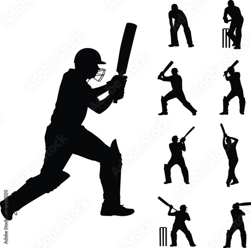 Cricket player silhouette, batting and fielding pose, sports action, black figure, athletic movement, white background, vector art, team sport concept