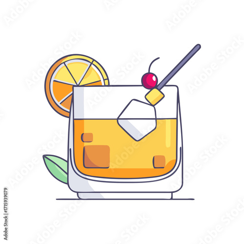 Charming cartoon illustration of a classic old fashioned cocktail drink