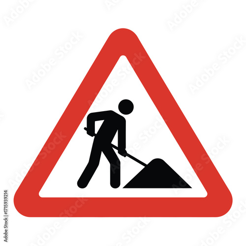 Warning sign vector illustration of construction worker digging with shovel scalable eps icon silhouette vector illustration white background