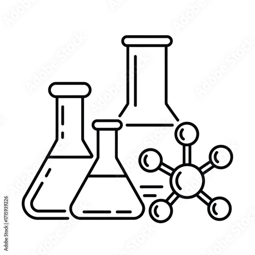 Black and white line drawing illustration of laboratory glassware and molecular structure silhouette vector illustration white background