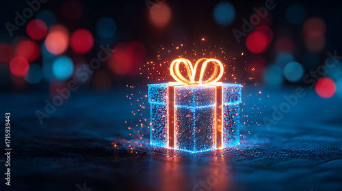 A magical, brightly glowing gift box, outlined in fiery orange and red light, sits on a dark, textured surface with blue undertones, surrounded by contrasting red and blue holiday bokeh lights.