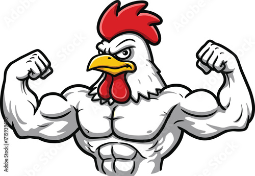 Strong cartoon chicken flexing muscles, bodybuilding rooster character, gym mascot illustration, muscular farm animal, funny fitness design, powerful bird vector