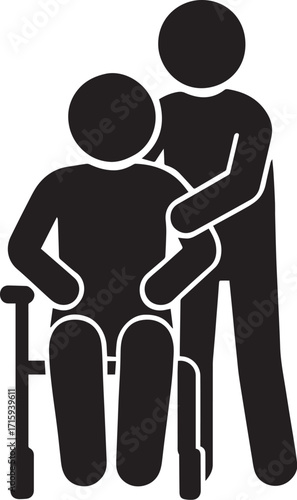 Silhouette vector of a caregiver assisting a person in a wheelchair symbolizing physical therapy, rehabilitation, and mobility support.