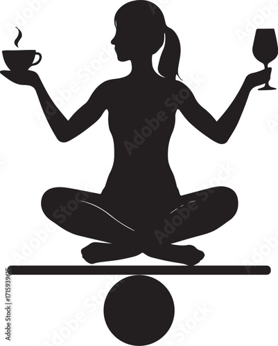 Physical Therapy Balance black silhouette vector features a person seated in a meditative pose atop a balance beam, delicately holding a steaming cup and a wine glass in one hand.