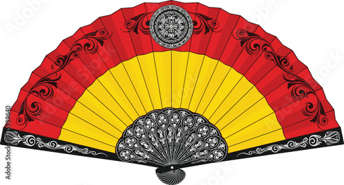 Traditional Spanish hand fan illustration, red and yellow design, vintage decorative accessory, ornate pattern, cultural symbol, elegant folding fan artwork