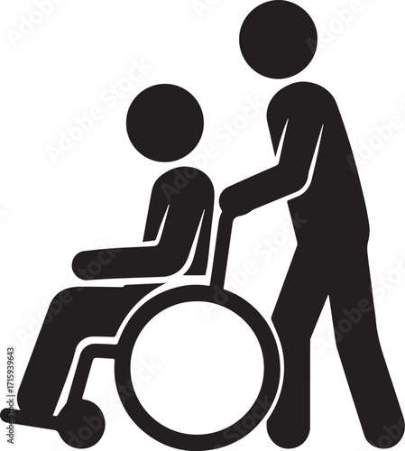 This black and white vector silhouette captures the essence of physical therapy and compassionate care. Featuring a caregiver pushing a wheelchair, the design symbolizes mobility support.