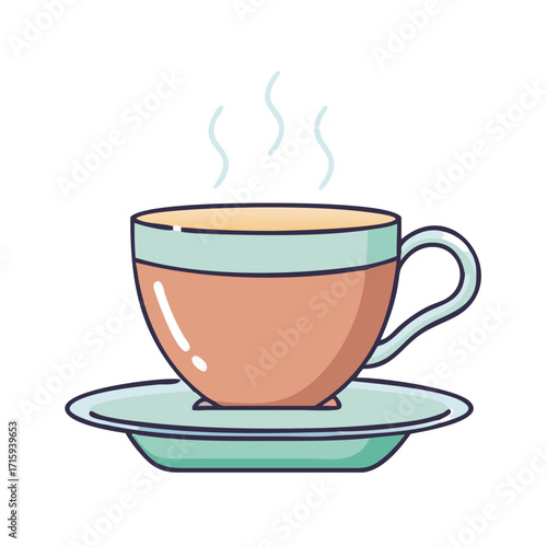 Stylized illustration of a pastel colored teacup with steam on a saucer