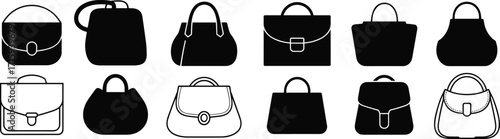 Handbag icon set, fashion accessory design, black silhouette, outline style, purse collection, stylish bag, vector art, white background, retail concept