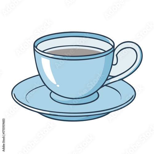 Cute light blue teacup filled with a dark beverage on matching saucer