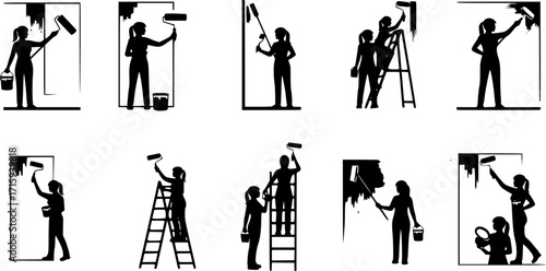 Painter woman silhouettes, House painters silhouette