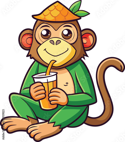 Charming monkey enjoying a tropical beverage while relaxing on a cart