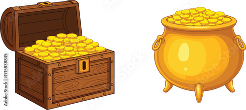 Treasure chest illustration, pot of gold vector, golden coins cartoon, wealth concept artwork, money container clipart, fortune symbol graphic design