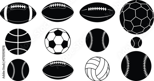 Sports ball icon set, black and white illustration, football, soccer, basketball, baseball, volleyball, vector design, athletic equipment
