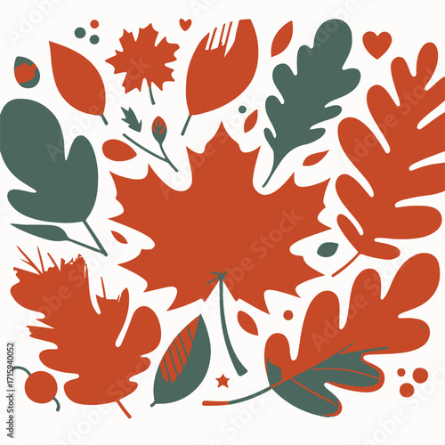 Maple leaf, oak leaf, fall colors, thanksgiving season, vector illustration, isolated elements, flat style
