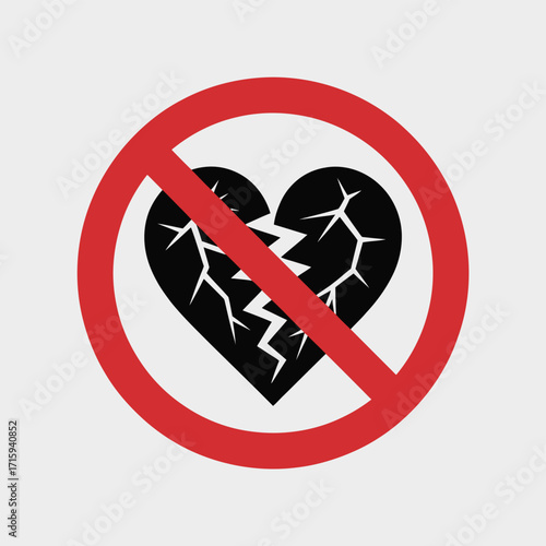 Vector illustration of a stark symbolic prohibition sign with broken heart icon silhouette vector illustration white background