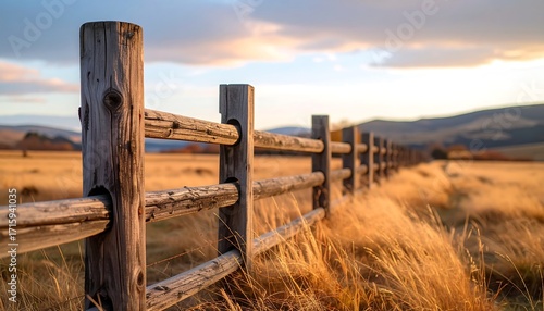 Rustic Wooden Fence in Golden Meadow at Sunset