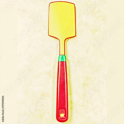 Utensil - An orange spatula on a cyan counter in white background -# Create