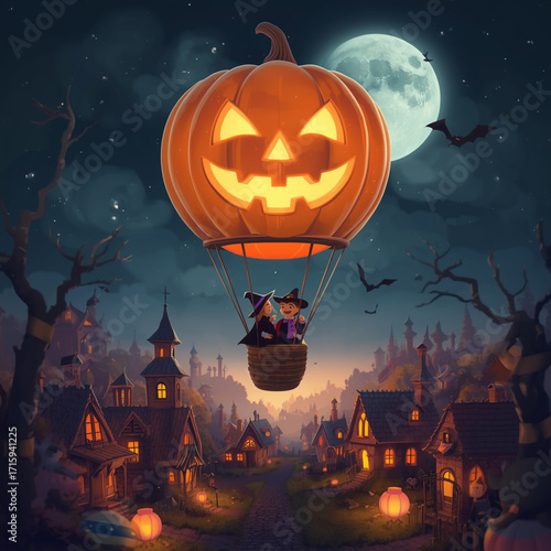 Spooky Halloween Balloon Ride with Witch and Vampire over Haunted Village