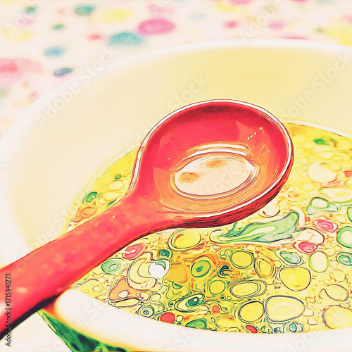 Spoon - An orange ladle in a cyan broth in white background