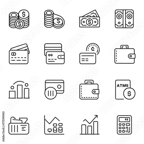 Scalable vector icons collection illustrating financial services and transactions in eps format silhouette vector illustration white background