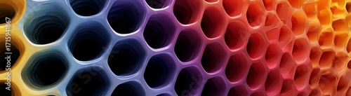 Abstract honeycomb banner with colorful glowing 3D cells background