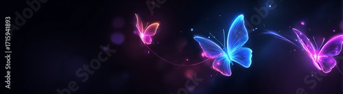 Fantasy neon butterflies with glowing wings and light trails on dark background