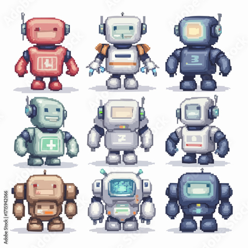 Pixelated Robot Variety A Colorful Array of Robotic Characters in Different Designs