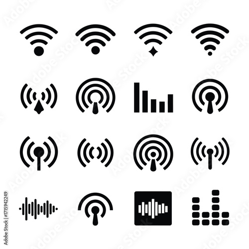 Collection of 16 scalable vector graphics representing wi-fi and audio signal icons silhouette vector illustration white background