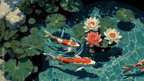 A tranquil scene of colorful Japanese koi carp gracefully swimming in a sunlit pond among blooming water lilies and green pads.