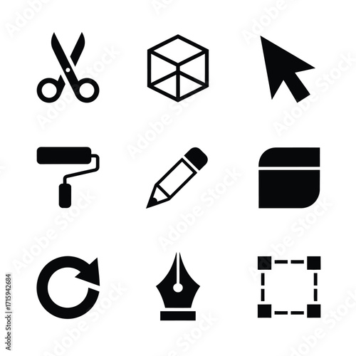 Grid of nine scalable vector graphics icons representing design and editing tools silhouette vector illustration white background