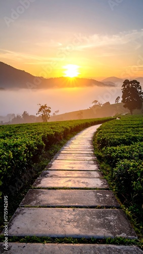 Sunrise path through tea fields