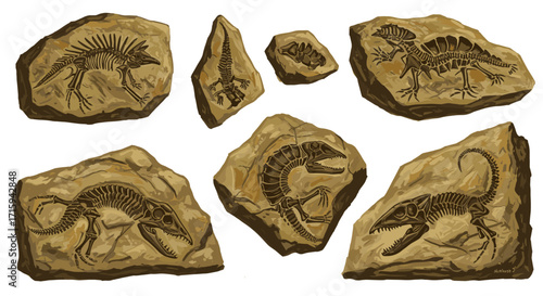 Dinosaur fossils on rocks collection featuring detailed dinosaur skeletons
