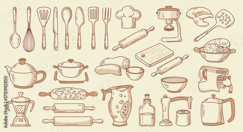 Hand-drawn kitchen utensils and appliances collection in vintage style