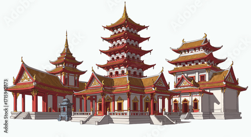 Traditional asian architecture: intricate pagodas with detailed roofs and structures