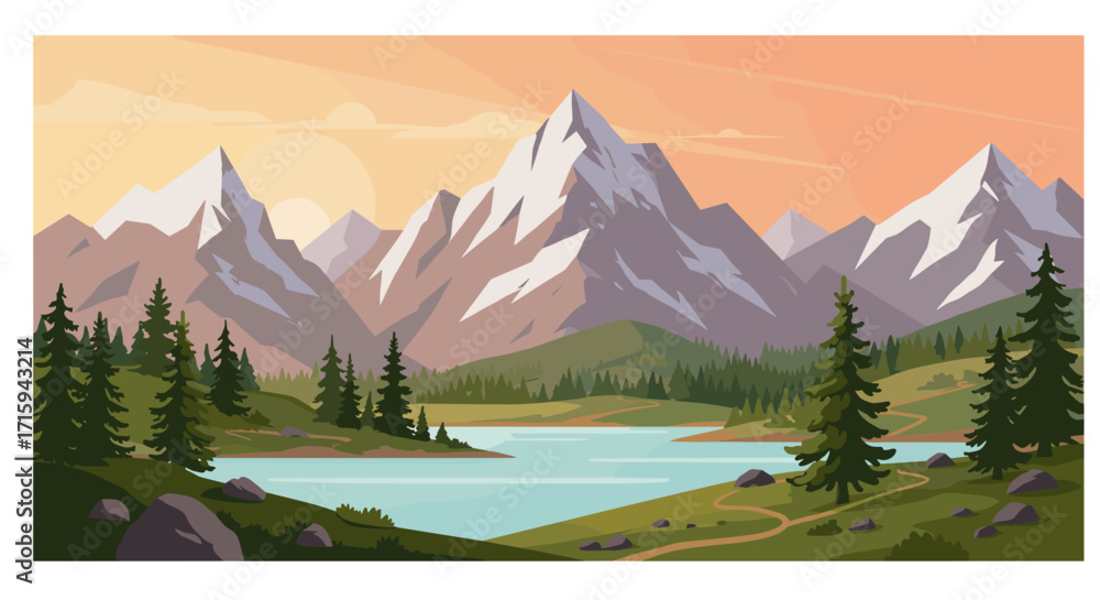 Fototapeta premium Idyllic mountain landscape at sunset with lake and pine trees in flat design