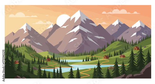 Majestic mountain landscape at sunset with forest and cabins