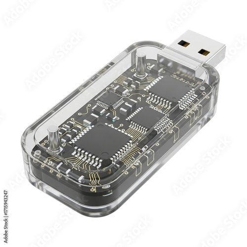 Transparent USB Flash Drive with Visible Circuit Board: High-Tech Data Storage Concept