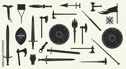 Collection of medieval silhouette weapons and shields for historical illustrations
