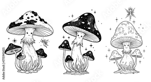 Whimsical black and white mushrooms with magical creatures and cosmic patterns