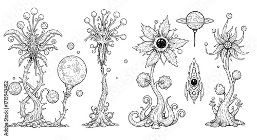 Intricate alien flora with surreal cosmic elements and fantasy ship design