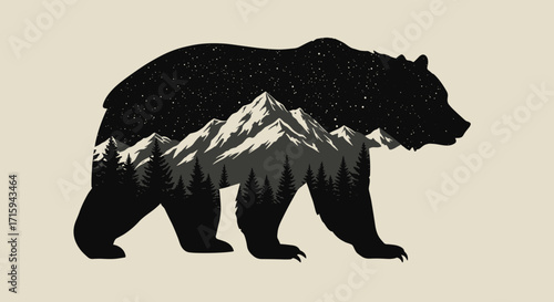 Silhouette double exposure of bear with mountain landscape art