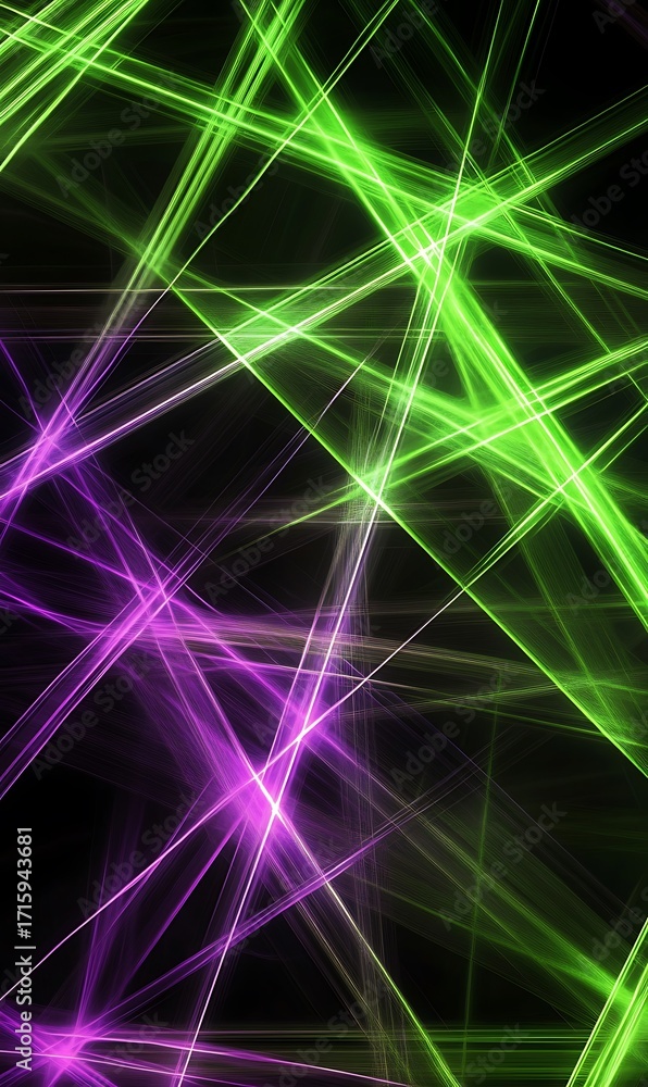 Fototapeta premium Abstract neon light streaks design green and violet glowing lines on dark background graphic art effect