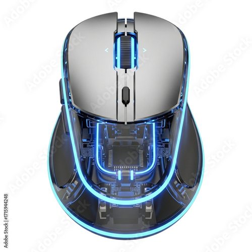 Futuristic Wireless Gaming Mouse:  High-Tech Design, Blue Neon Accents, Isolated on Black Background.