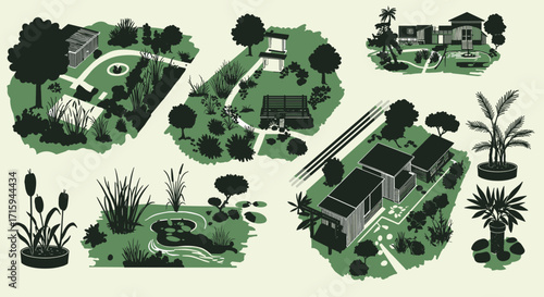 Modern minimalist garden designs with green and black silhouette style