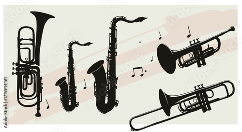 Collection of musical instruments silhouettes with saxophone, trumpet, trombone, and music notes