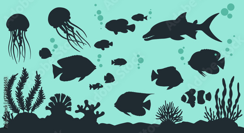 Underwater silhouette scene featuring fish and jellyfish on aqua background